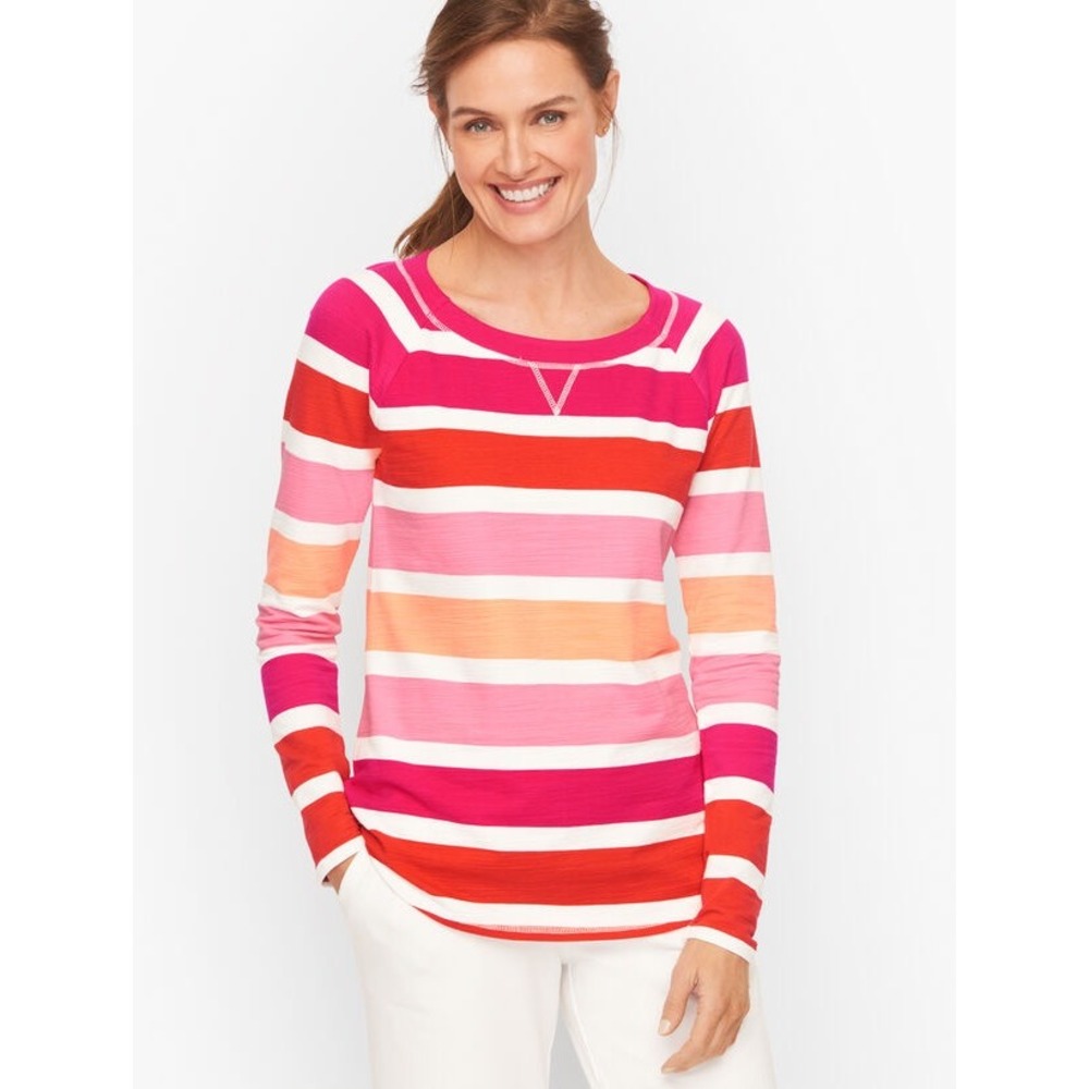 T by Talbots Cozy Crush Pullover Large Zippy Stripe UPF 50 Preppy Colorful Bold‎